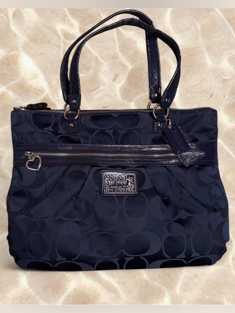 Y2K Coach Poppy Daisy Dark Blue Navy Signature Jacquard Tote with Heart Charm